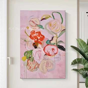 100% Ръчна изработка розово цвете пейзаж художествена текстура Абстрактна Ръчно рисувани Модерен Голям Размер дебел платно картина с маслени бои подарък